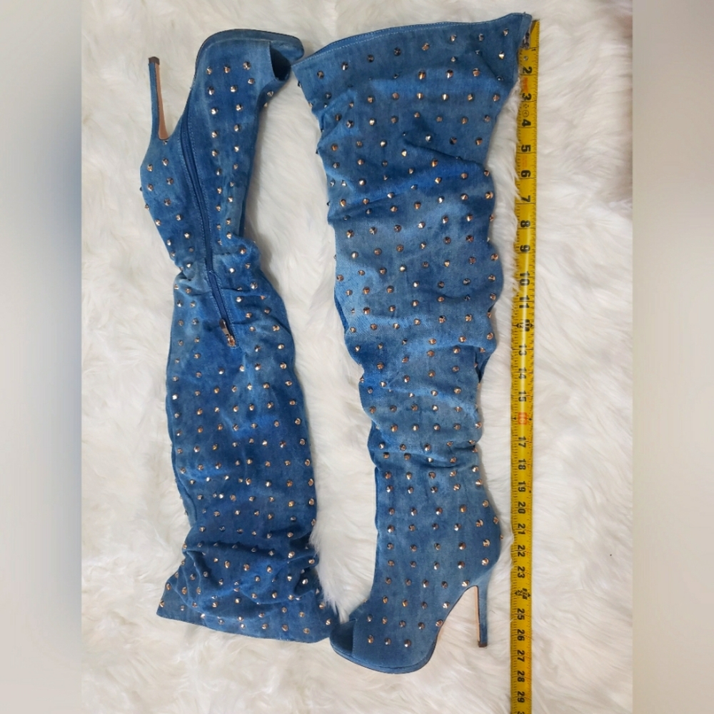 Liliana Studded Spike Denim Slouchy Over-The-Knee Boots Size 7.5
